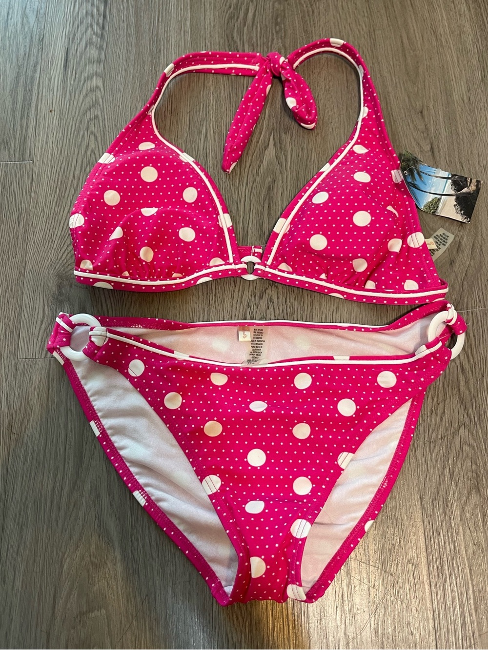 Vtg Y2K red camel white and pink polka dot bikini set